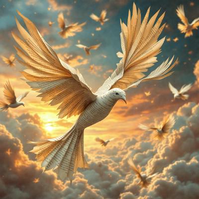 The primary subject of the image is a white bird with open wings, flying through a cloudy sky. The bird is surrounded by a flock of birds, creating a sense of movement and freedom. The setting is a cloudy sky, which adds to the overall atmosphere of the image. The visual style is a combination of digital art and illustration, creating a realistic and dynamic scene. The colors in the image are predominantly white and gray, with the white bird and clouds providing a sense of purity and tranquility.